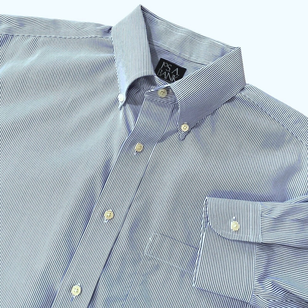 Jos. A. Bank Men Dress Shirt 16.5 34 Blue Stripe Traveler Collection Non‎ Iron
